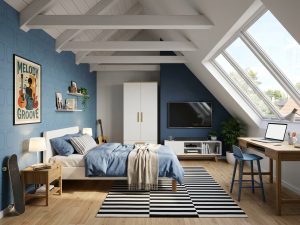 3D-рендер комнаты подростка в синих тонах