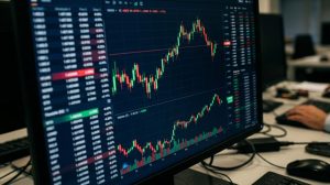 Монитор с биржевыми графиками и котировками