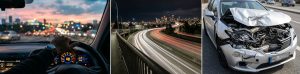 После ДТП: водитель, ночная трасса, разбитый автомобиль