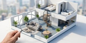 Лупа над 3D-планировкой квартиры