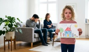 Грустный ребёнок с рисунком дома, ссорящиеся родители
