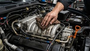 Рука протирает двигатель автомобиля тряпкой
